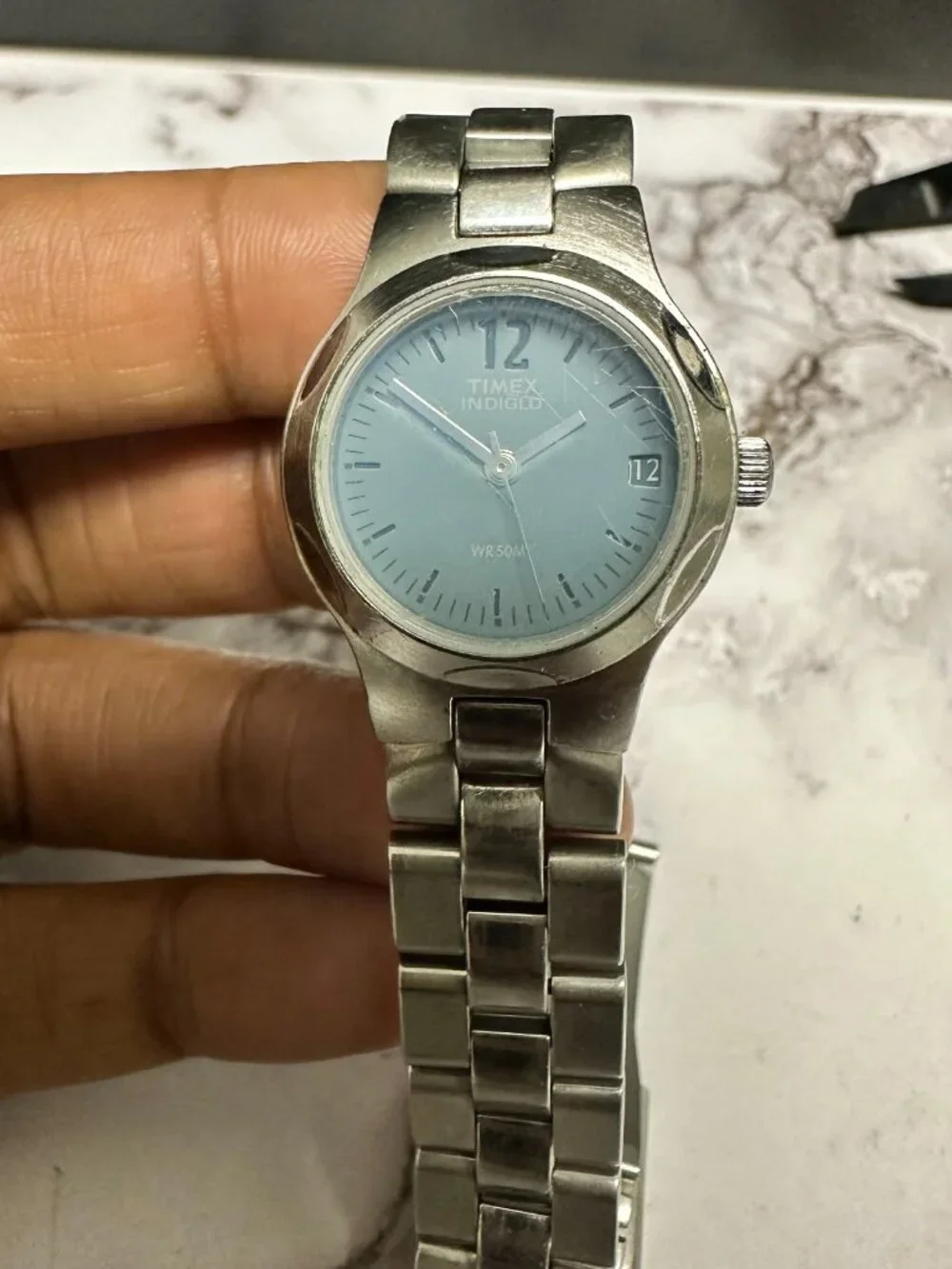 Timex Indiglo Watch Women Silver Tone Blue Dial Date Flawed bracelet Works